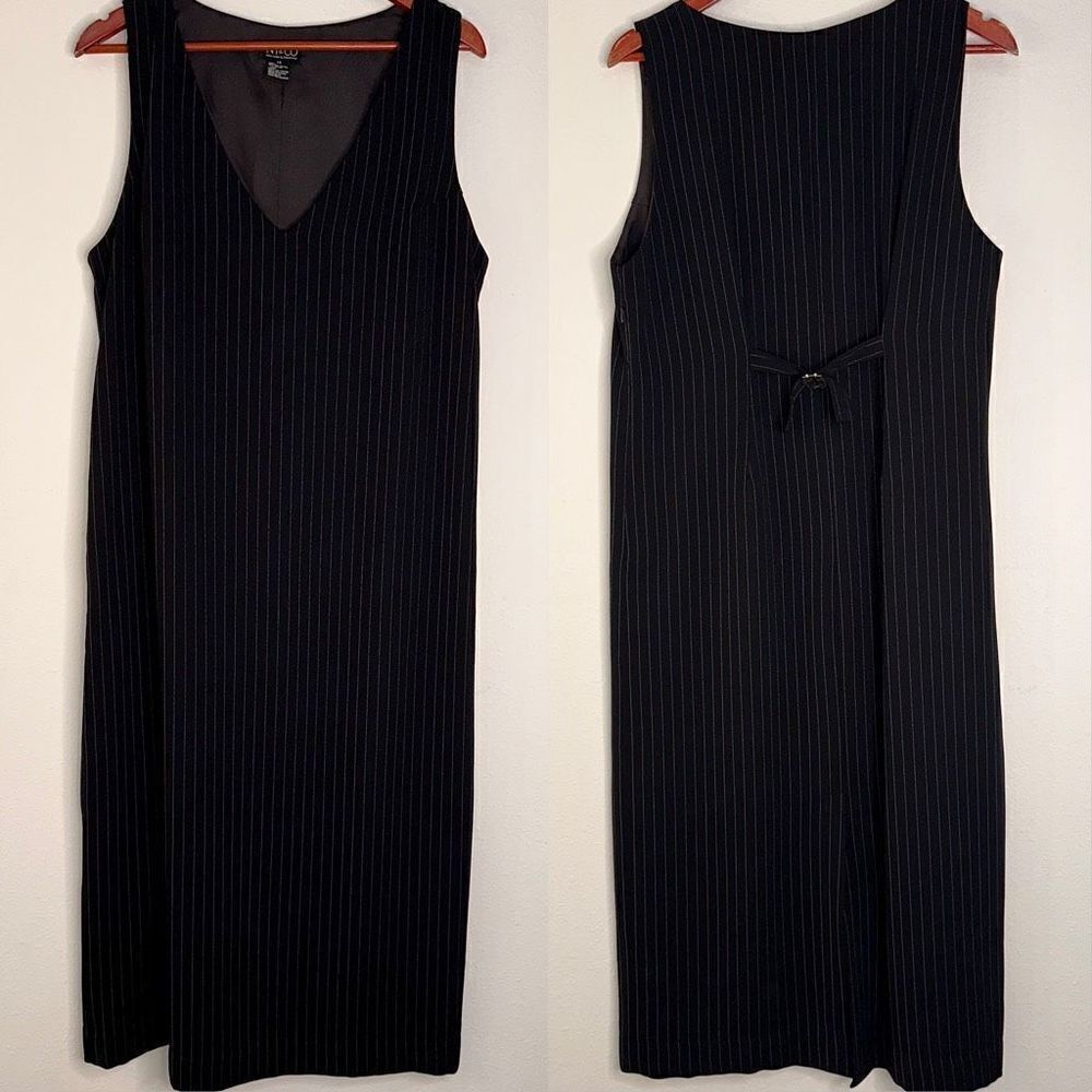 NY&CO Womens 14 Black Classic Pinstriped Maxi Dress Career Modern Lined Interior